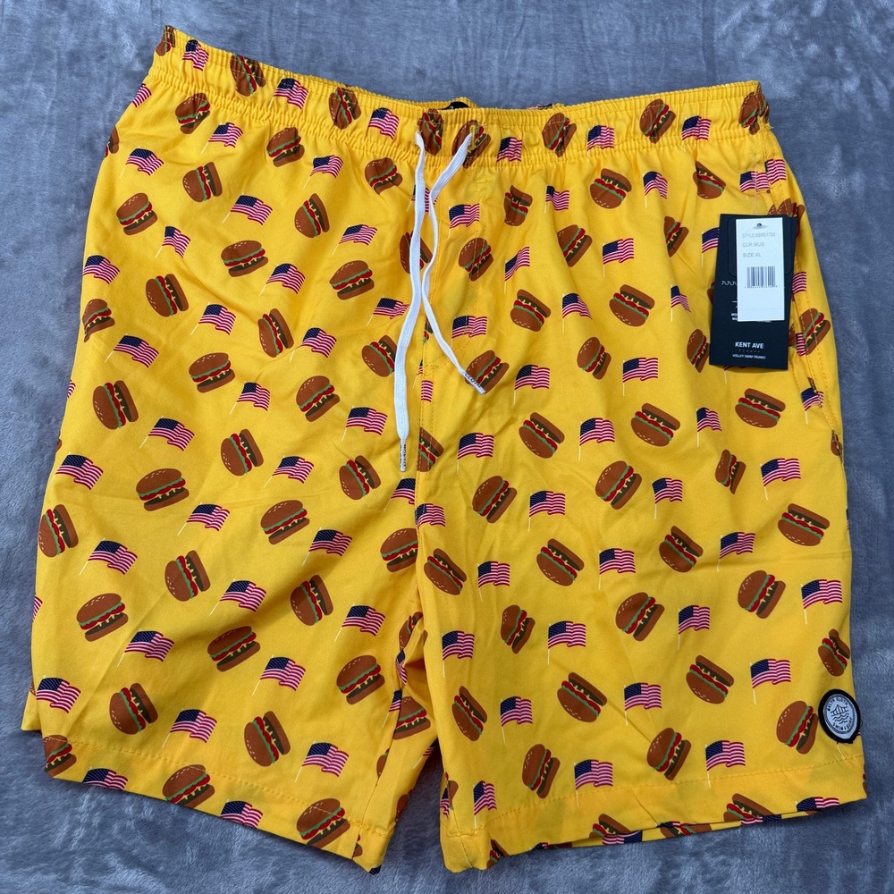Brooklyn Swim Trunk Cloth Kent Ave Men XL Yellow Burger American Flag Volley NWT